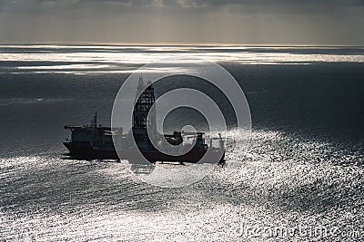 Oil platform in the middle of ocean aereal view Stock Photo