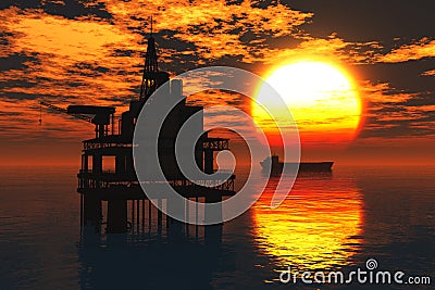 Oil Platform and Tanker in the Sea Sunset 3D rende Stock Photo