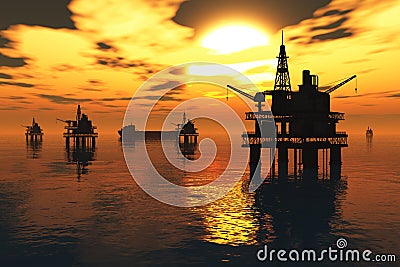 Oil Platform and Tanker in the Sea Sunset 3D rende Stock Photo