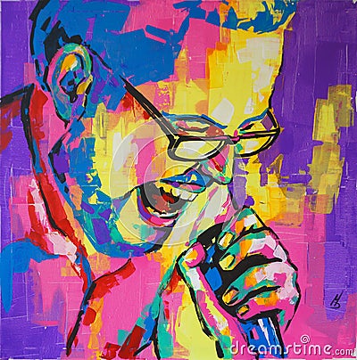 Oil portrait painting in multicolored tones. Conceptual abstract picture of singing man . Conceptual abstract closeup of Stock Photo