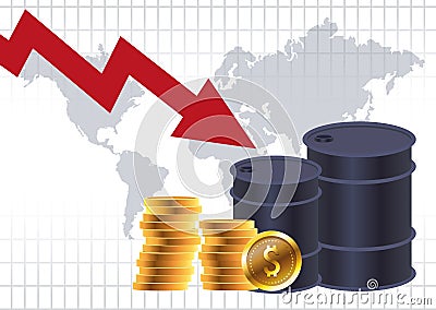 Oil price market with barrels and world planet Vector Illustration
