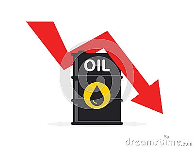 Oil prices negative. Oil barrel. Price oil fall down, arrow concept. Crisis. Vector illustration Vector Illustration
