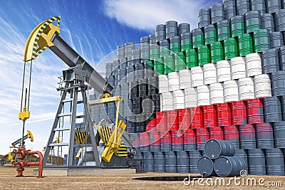 Oil production and extraction in Kuwait. Oil pump jack and oil barrels with Kuwait flag Cartoon Illustration