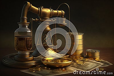 oil production. extraction of money. barrels of oil, neftechka, production, sale of petroleum products. Concept of gold Stock Photo