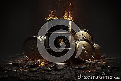 oil production. extraction of money. barrels of oil, neftechka, production, sale of petroleum products. Concept of gold Stock Photo