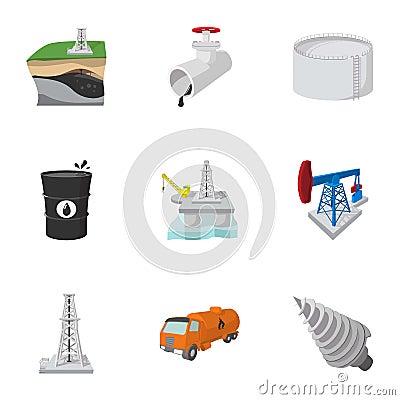 Oil production icons set, cartoon style Vector Illustration