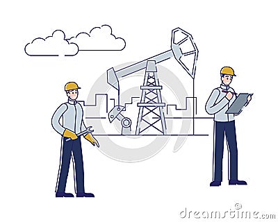 Oil Production, Offshore And Gas Industry. Manager And Worker Check And Service Of Work Oil And Rig Plant Vector Illustration