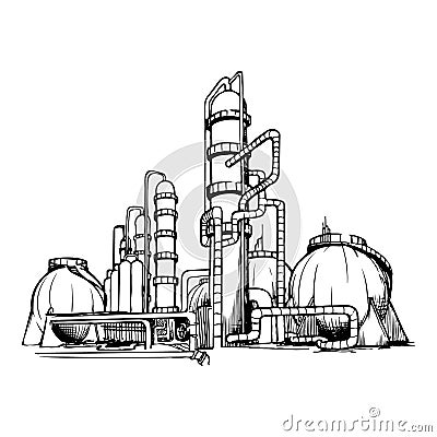OIl production plant. Sketch style drawing isolated on a white background. Vector Illustration