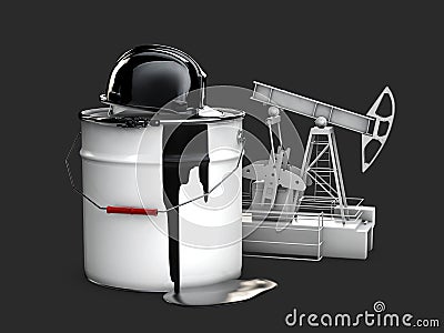 Oil pump with barrel oil and hamlet, 3d illustration isolated black Cartoon Illustration