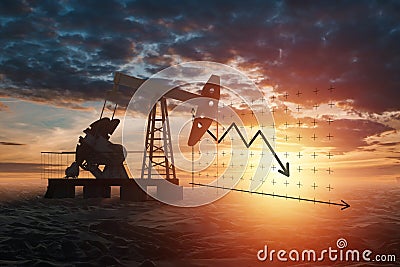 Oil pump, derrick industrial oil production at sunset, oil prices graph down arrows. Technology concept, fossil energy sources, Stock Photo