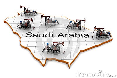 Oil pump-jacks on a map of Saudi Arabia Stock Photo