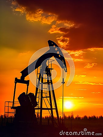 An oil pump silhouette at sunset. A silhouette of an oil pump against a sunset Stock Photo
