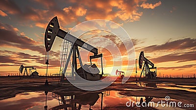 Oil pumps pumping oil against a sunset sky Stock Photo