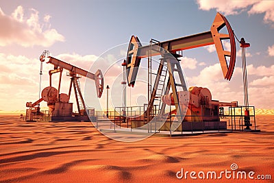 Oil pumps at sunset. Oil industry. 3d render illustration Stock Photo