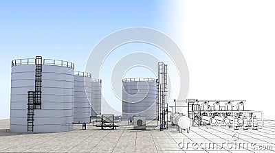 Chemical production, waste processing plant, exterior visualization, 3D illustration Cartoon Illustration