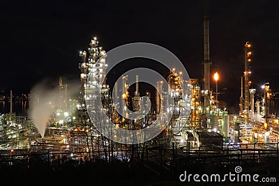 Oil Refinery Night, Burrard Inlet, BC Stock Photo