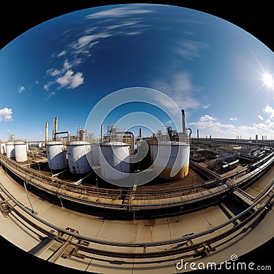 Oil Refinery with Pipelines and Storage Tanks on a Clear Day Stock Photo