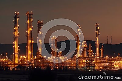 Oil refinery plant for crude oil industry on desert in evening twilight Stock Photo