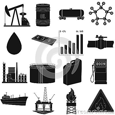 Oil rig, pump and other equipment for oil recovery, processing and storage.Oil set collection icons in black style Vector Illustration