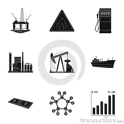 Oil rig, pump and other equipment for oil recovery, processing and storage.Oil set collection icons in black style Vector Illustration