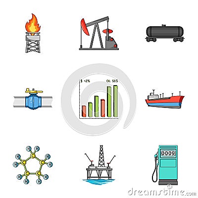 Oil rig, pump and other equipment for oil recovery, processing and storage.Oil set collection icons in cartoon style Vector Illustration