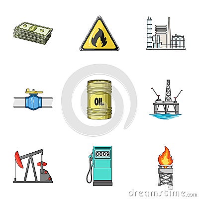 Oil rig, pump and other equipment for oil recovery, processing and storage.Oil set collection icons in cartoon style Vector Illustration