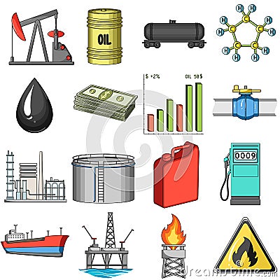 Oil rig, pump and other equipment for oil recovery, processing and storage.Oil set collection icons in cartoon style Vector Illustration