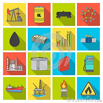 Oil rig, pump and other equipment for oil recovery, processing and storage.Oil set collection icons in flat style vector Vector Illustration