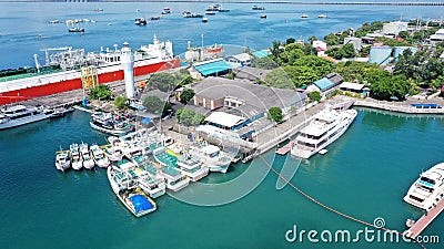 Oil tanker, Gas tanker operation at oil and gas terminal, View from above Stock Photo