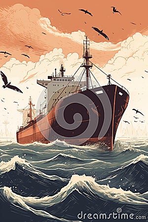 Oil Tanker Sailing Past Offshore Rigs Cartoon Illustration