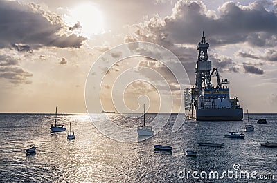 Oil tanker at Sunset in Curacao Stock Photo