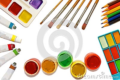 Oil, watercolor, gouache paints, goods for drawing Stock Photo