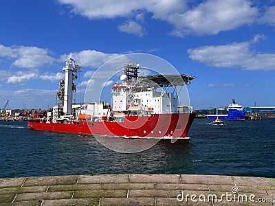 Oil Well Intervention Vessel Departing. Stock Photo