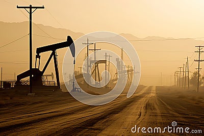 Oil Wells Generating Energy by the Road. AI Generative Stock Photo