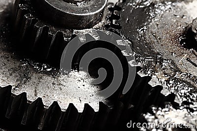 Oiled gears as parts of large mechanism Stock Photo