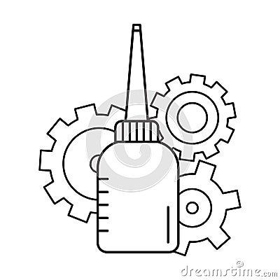 Oiler with three cogwheels in background. Linear icon of motor lubricating oil. Black and white simple illustration. Contour Vector Illustration