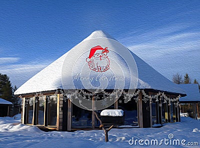 Oilpaint technic A big cottage covered by white snow roof with red santa snowy all around under blue sky season's greetings Stock Photo