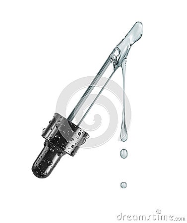 Oily drops dripping from a cosmetic pipette close up on a white background Stock Photo