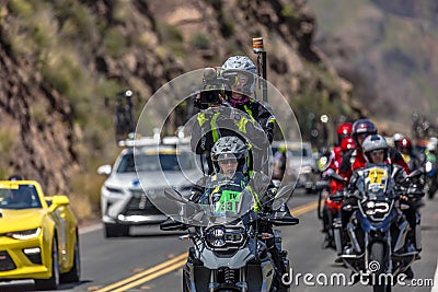 OJAI CALIFORNIA USA - MAY 14, 2018 - Film crew covering Amgen Stage 2 Mens Bicycle Tour of. Stage, Film Editorial Stock Photo