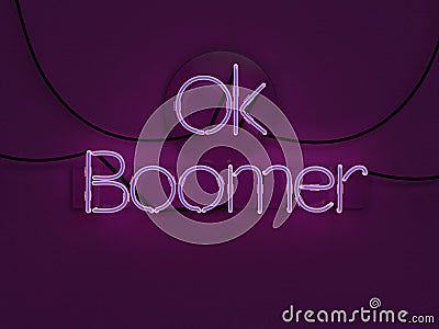 Ok Boomer Neon Text Sign in mode on with glowing violet color concept Stock Photo