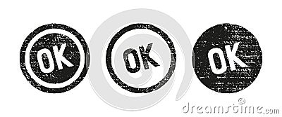 Ok circle stamp set. Texturised black stamp with ok text isolated on white background, vector illustration Vector Illustration