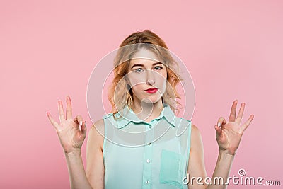 Ok gesture woman showing sign hands sarcasm irony Stock Photo