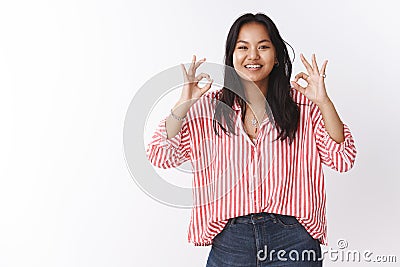 Ok got it, count on me. Portrait of active and energized confident young female coworker assuring she knows what do Stock Photo