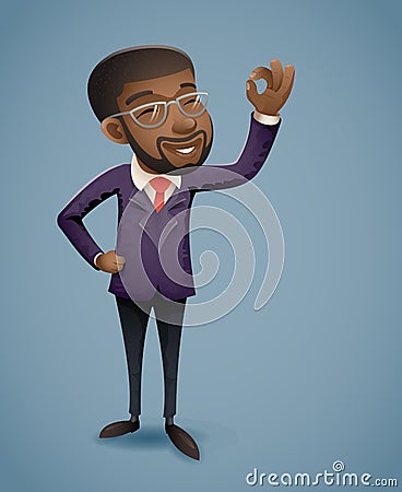 OK Hand Afro American African European Businessman Character Presentation Demonstration Call Card Greeting Banking Vector Illustration