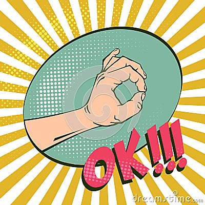 OK hand gesture, signifying agreement. Imitation retro illustrations. Vintage picture with halftones. Positive mood. Vector Illustration