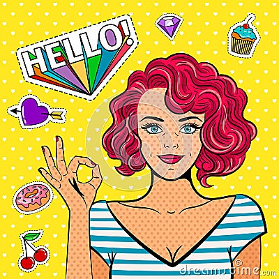 Ok pop art girl. Fine art fashion women, vintage popart lady face with okay hand sign Vector Illustration