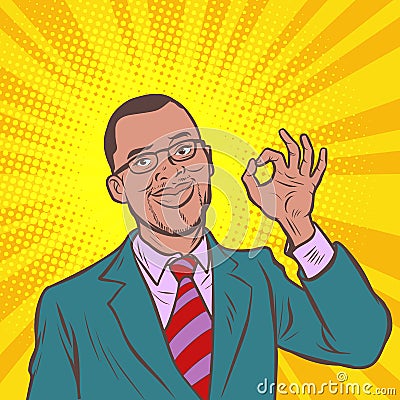 Okay gesture. ok pop art african businessman Vector Illustration