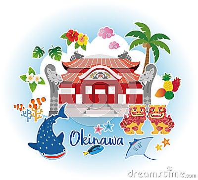 Okinawa image illustration, Shuri Castle, Shisa, whale shark, coral, hibiscus, tropical fruits Cartoon Illustration