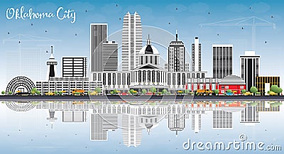 Oklahoma City Skyline with Gray Buildings, Blue Sky and Reflections. Stock Photo