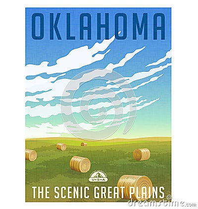 Oklahoma field with round hay bales poster Vector Illustration